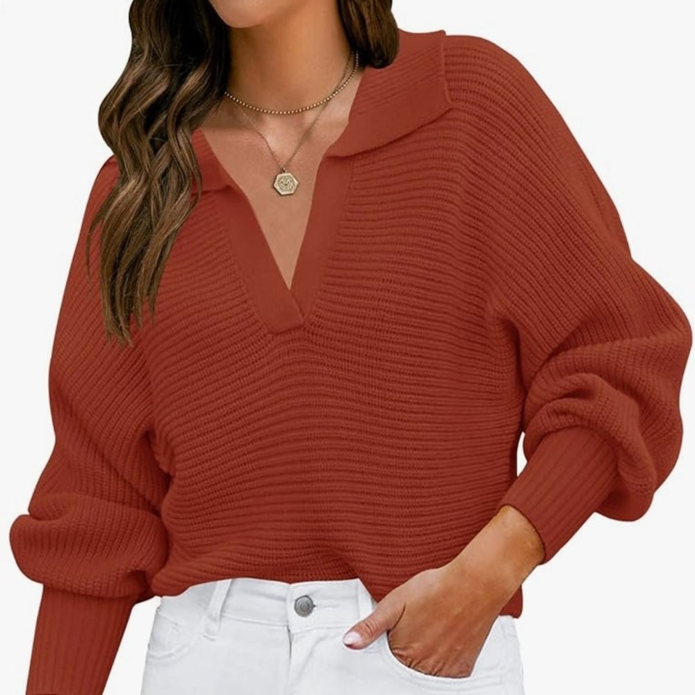 Women's Fall Brick Red Color Sweater V neck With Lapel Size Small